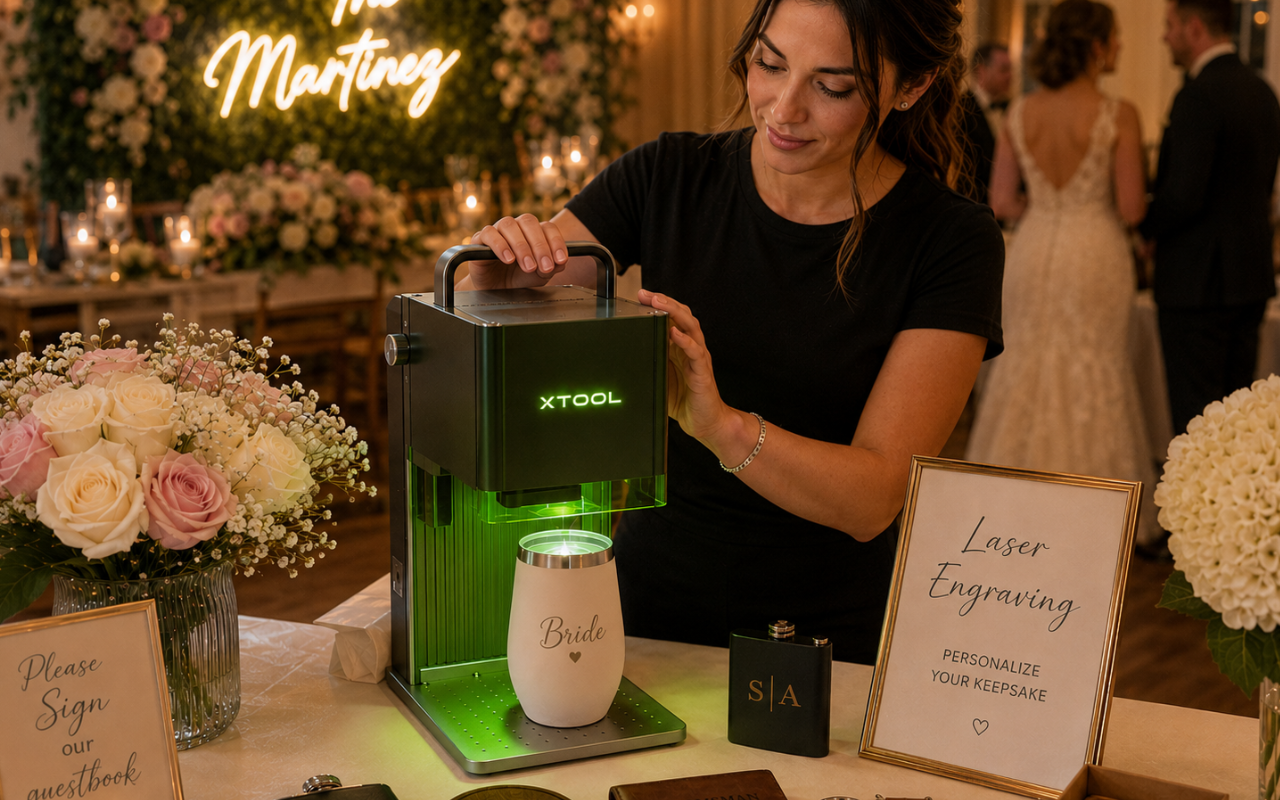 Live laser engraving at a wedding event — personalized keepsakes created in real time